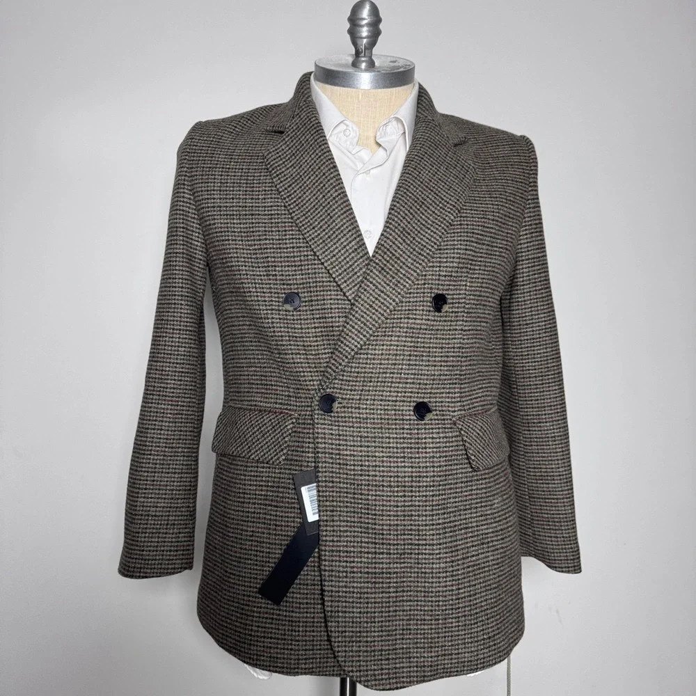 Mina Self Blazer Mens XL Green Grid Wool Blend Double Breasted Peak Lapel 23QDYT
